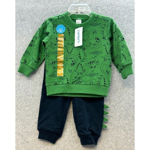 Carters Boys 2 Piece Green Dinosaur Sweatshirt Blue Jogger Playwear Set 12 Month - Picture 2 of 5